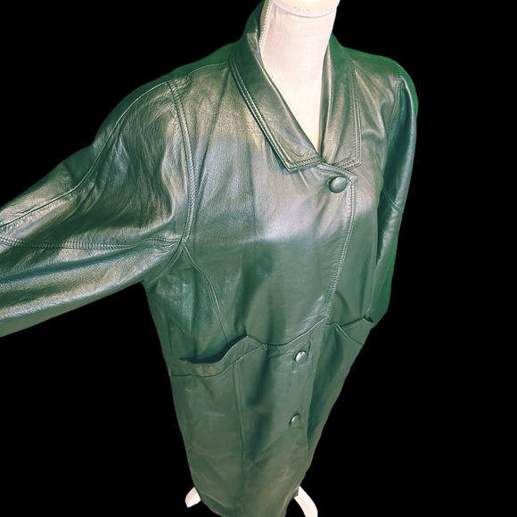 Synergy Vintage Y2K Forest Green 100% Leather Longline Button Front Coat Size L - Picture 12 of 16
